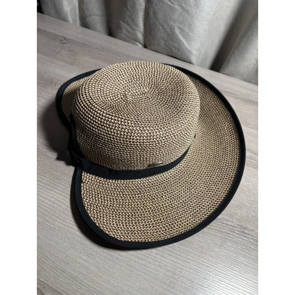Karen Keith Med‎ Headwear Woven Straw Sun Hat Ponytail Cutout Beach Coastal Pool